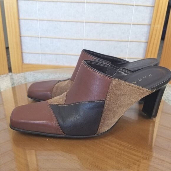 Vintage Patchwork Size 7 Clogs Mules Shoes Brown Black Leather Suede - Picture 5 of 11